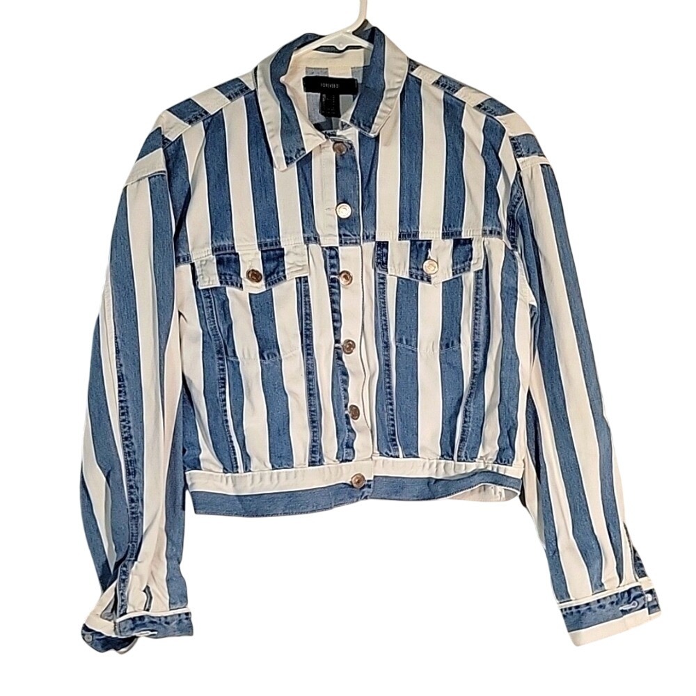 Forever 21 Blue White Striped Denim Jacket Jean‎ Jacket M streetwear Y2K casual